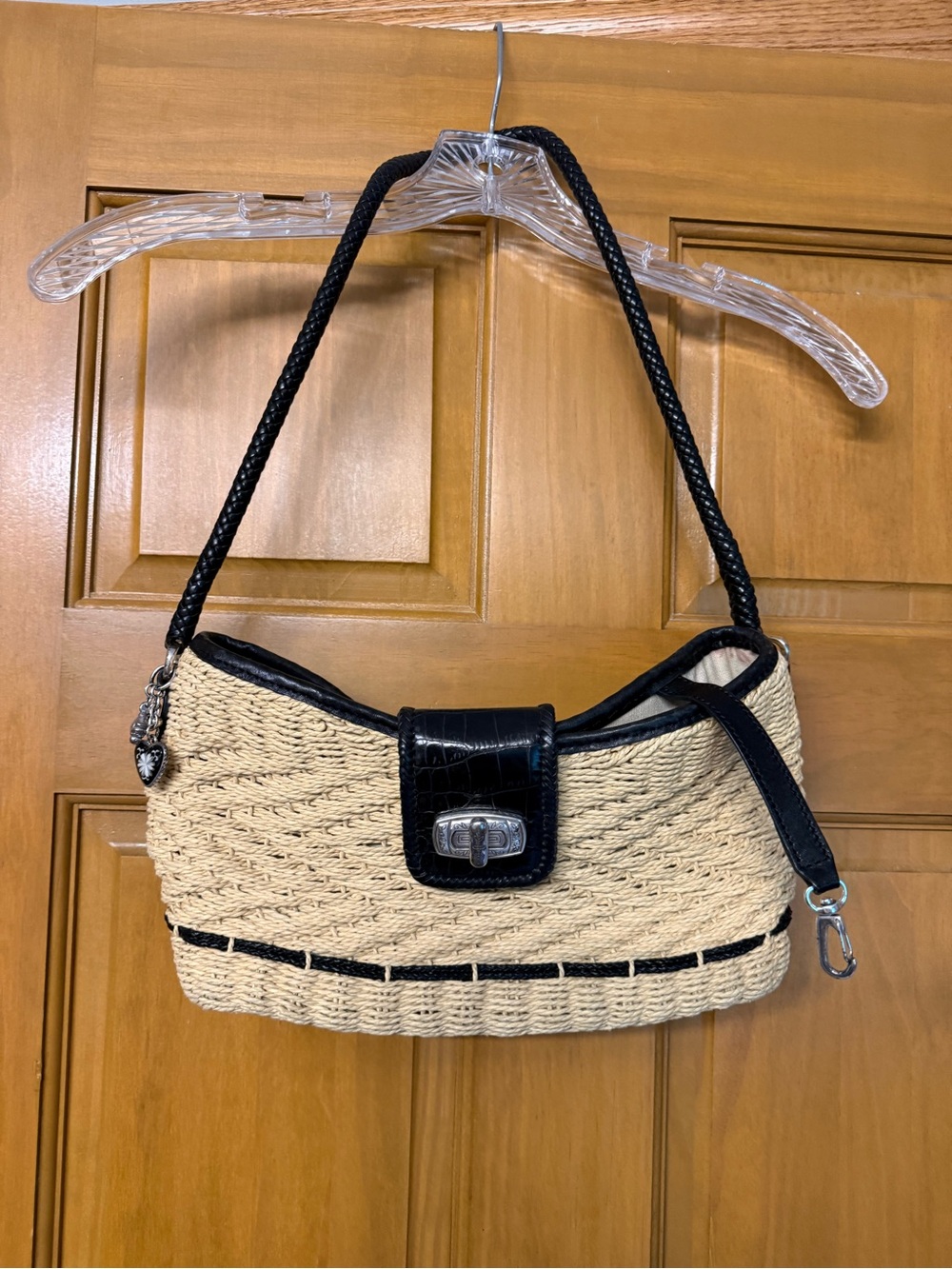 Brighton Beige Woven Shoulder Bag with Black Trim